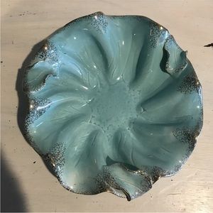 Vtg Art Pottery Opaque Jade Blue Flower Shaped Bowl Ruffled Edge Gold Edging